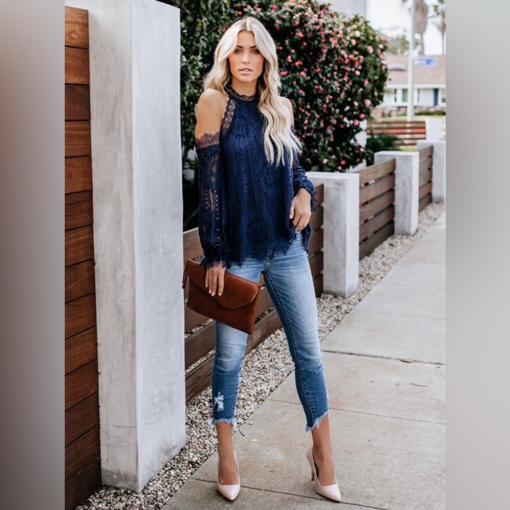 Going to the chapel navy blue lace blouse